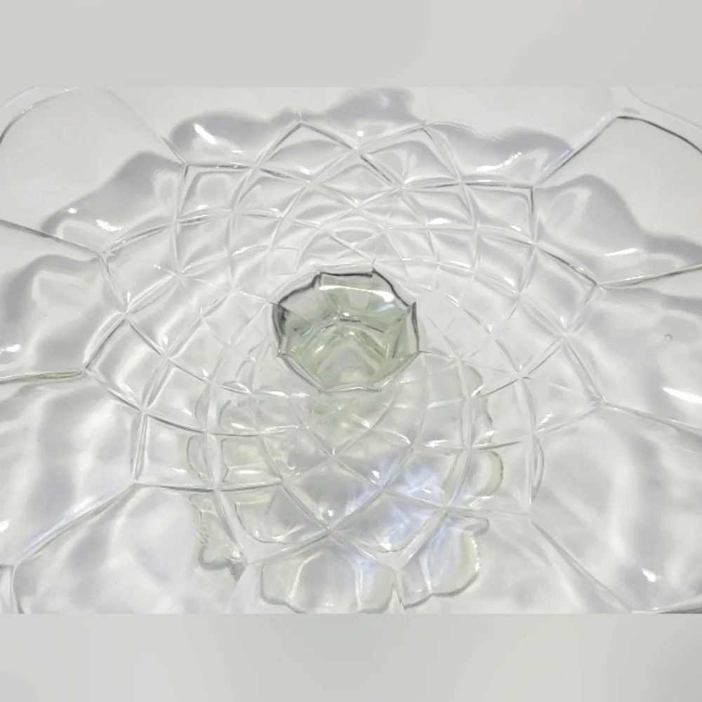 Vintage Pedestal Cake Stand L E Smith Dominion Clear Glass Scalloped Edge Design